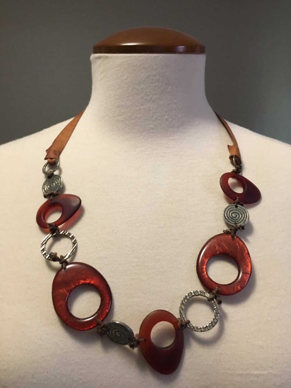 Artisanal Tagua Nut Statement Necklace 28" Leather, SilverSpiral & Hammered Ring